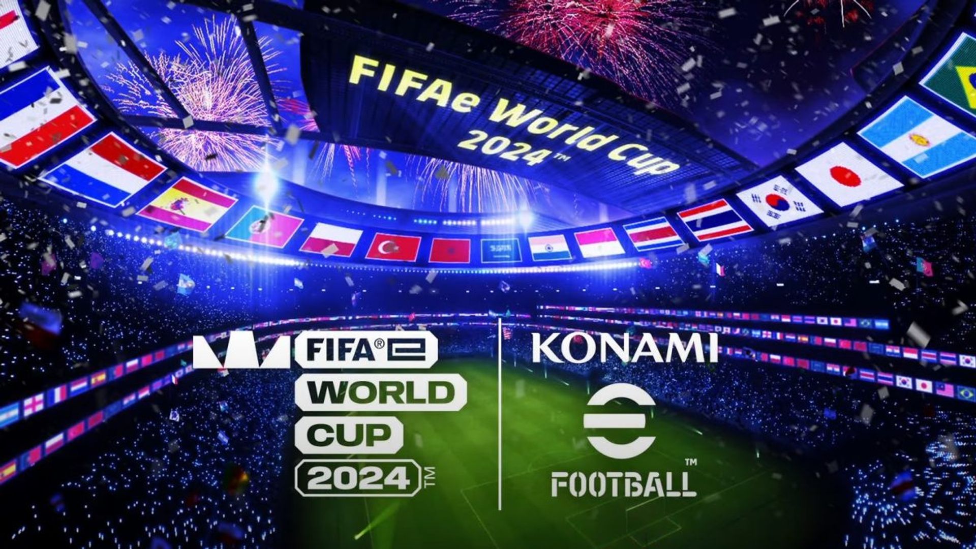 Stadio illuminato per la FIFAe World Cup 2024, con bandiere nazionali e logo Konami eFootball.