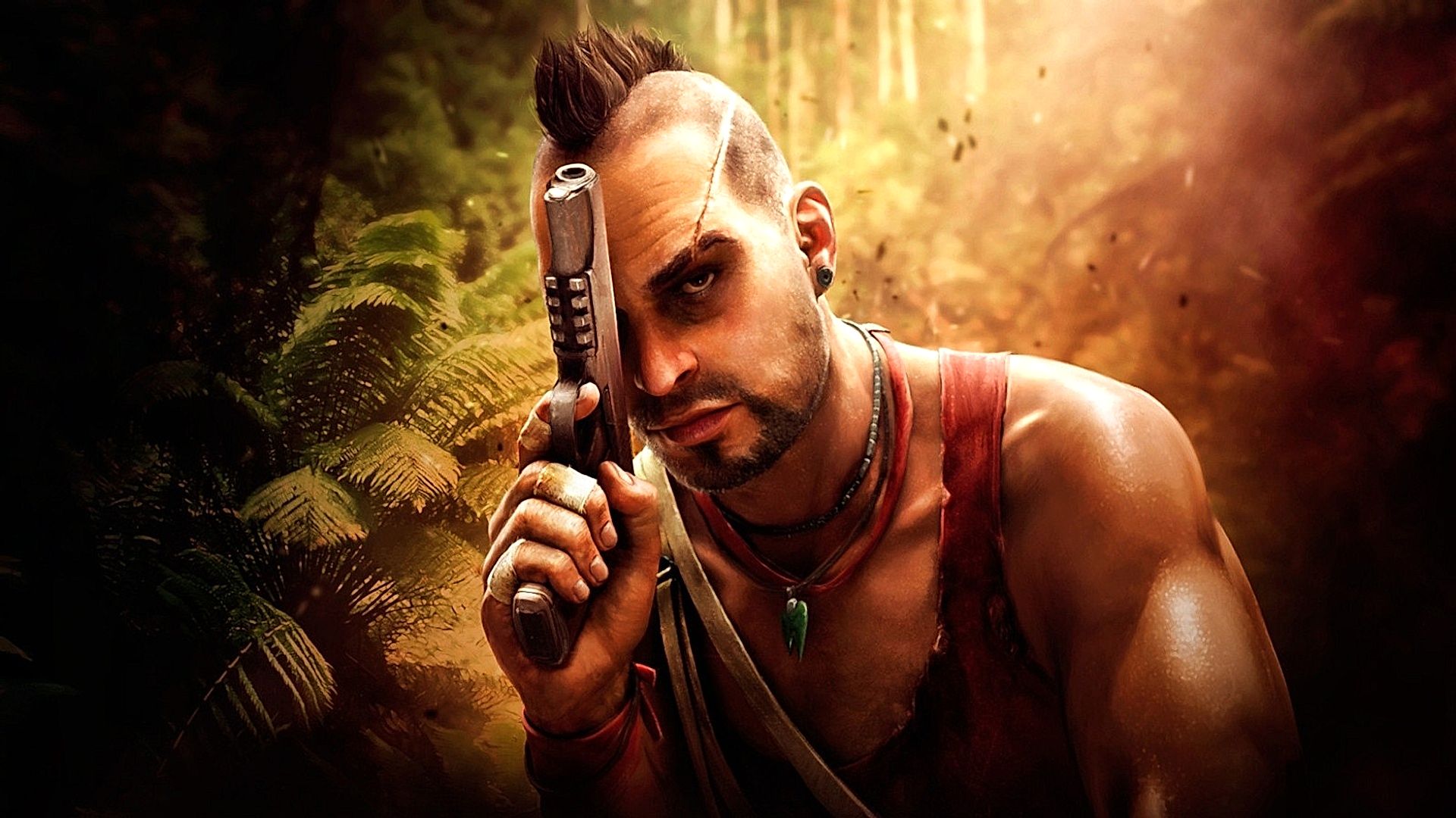 Personaggio di Far Cry 3 con pistola in una giungla, atmosfera avventurosa. 10086974