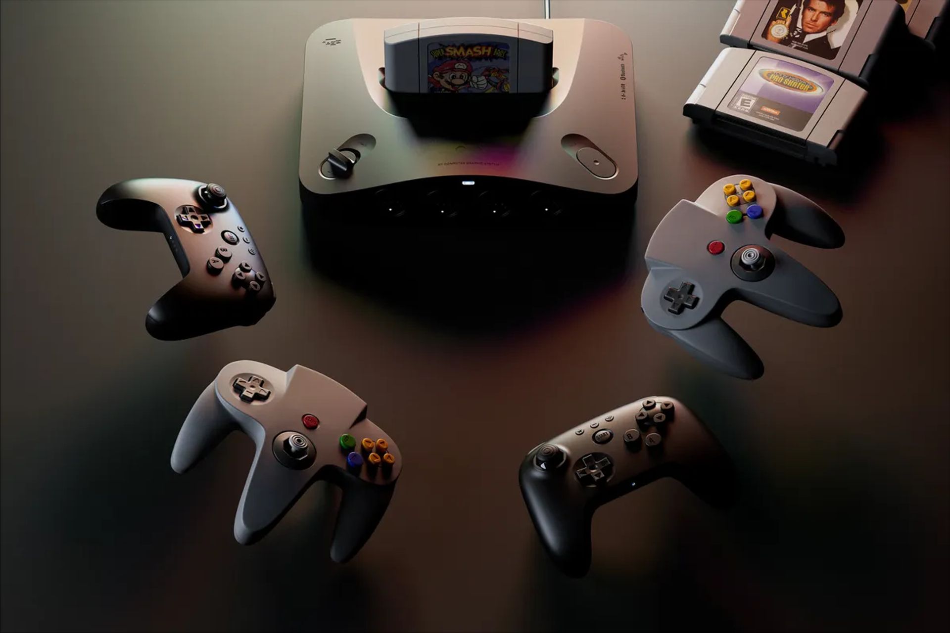 Console di gioco Nintendo 64 e controller con cartuccia Super Smash Bros in evidenza. 10086209