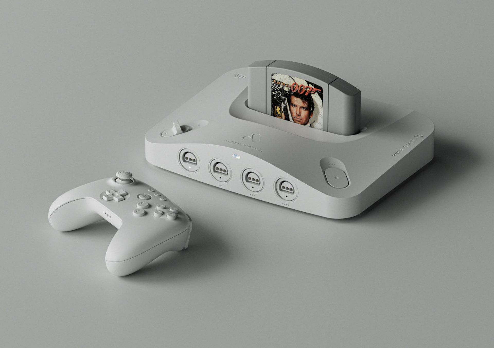 Concept di una console retrò con cartuccia di gioco Bond, controller wireless bianco. 10086212