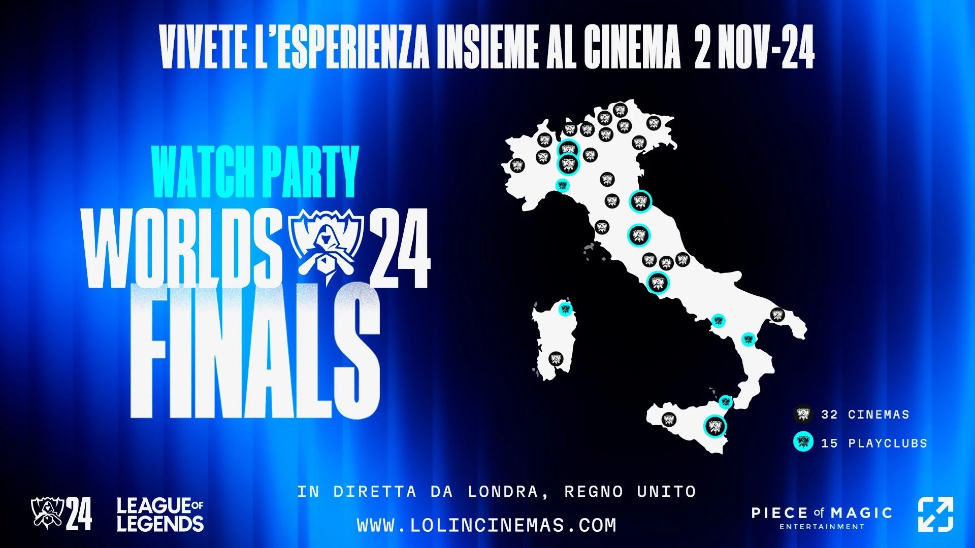 Mappa dell'Italia con cinema partecipanti al Watch Party della finale Worlds 2024 di League of Legends. 10086117