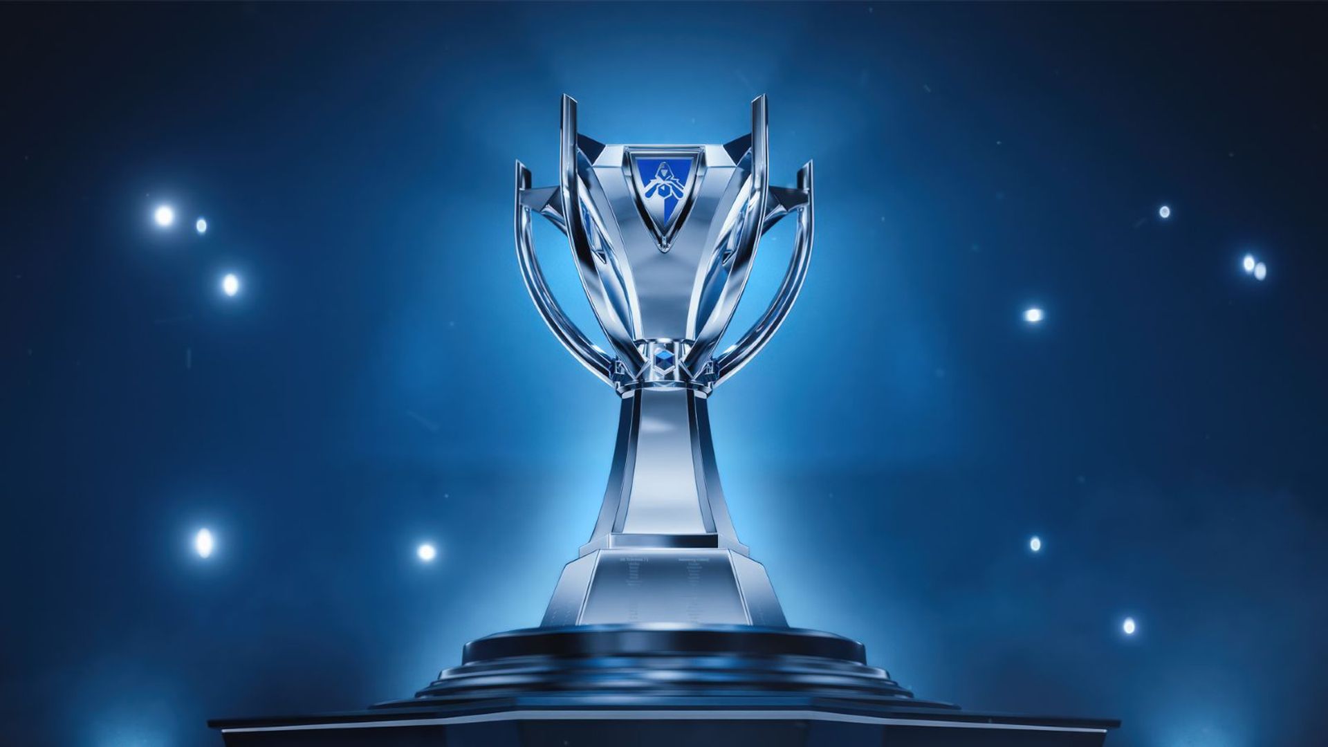 Trofeo League of Legends Worlds in uno spettacolare sfondo blu, simboleggiante eccellenza.