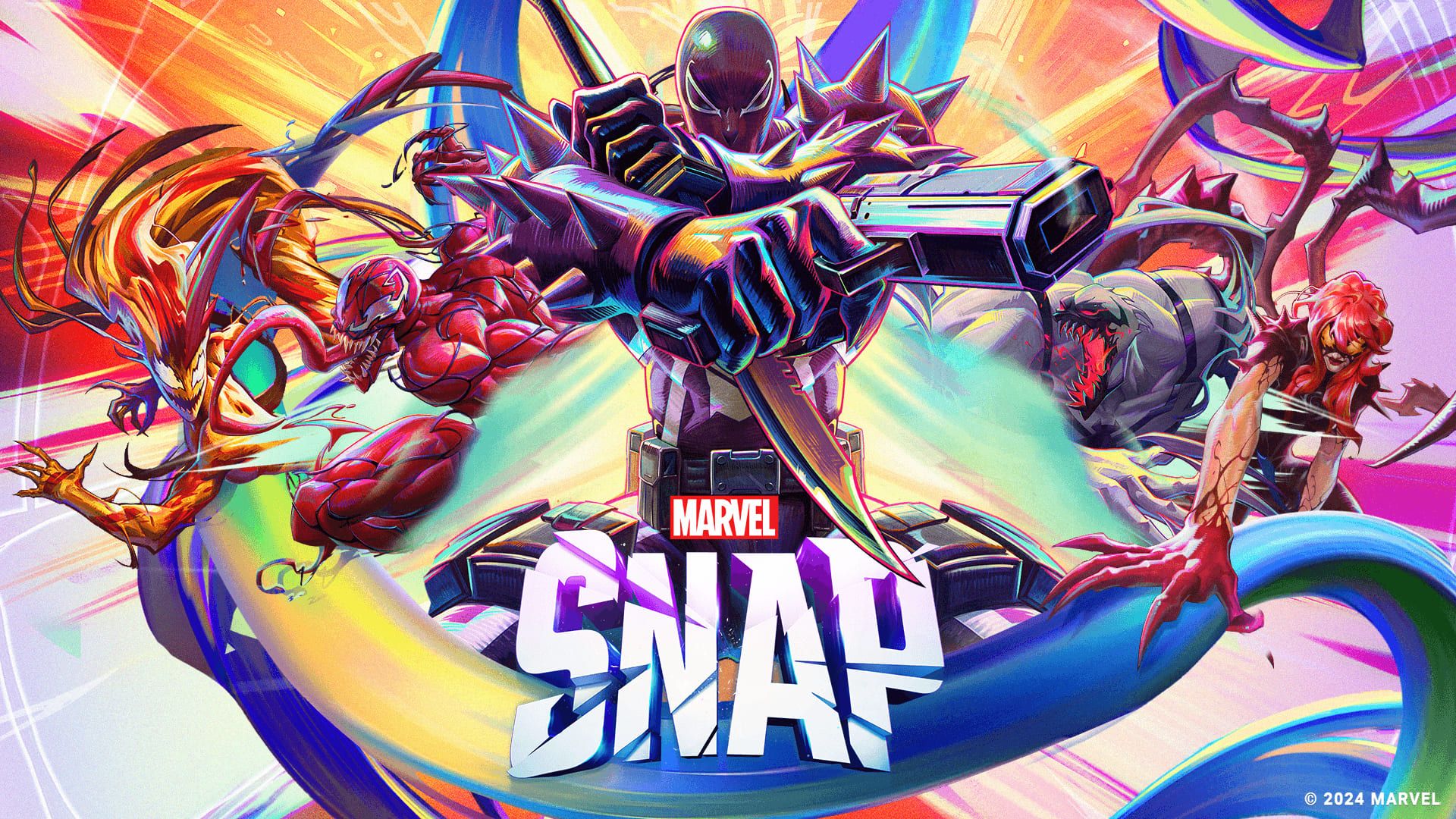 Illustrazione colorata del videogioco Marvel Snap con personaggi iconici in un'azione dinamica.