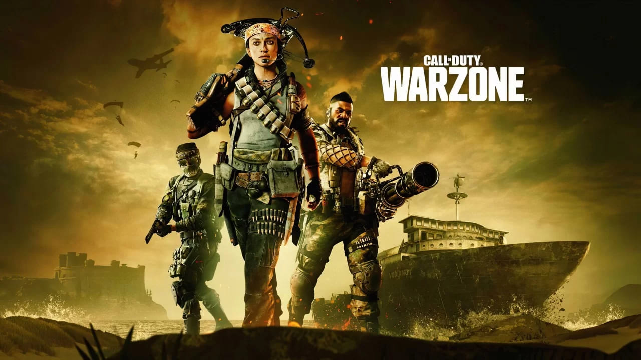 Copertina di Call of Duty: Warzone con tre soldati armati in un ambiente post-apocalittico.