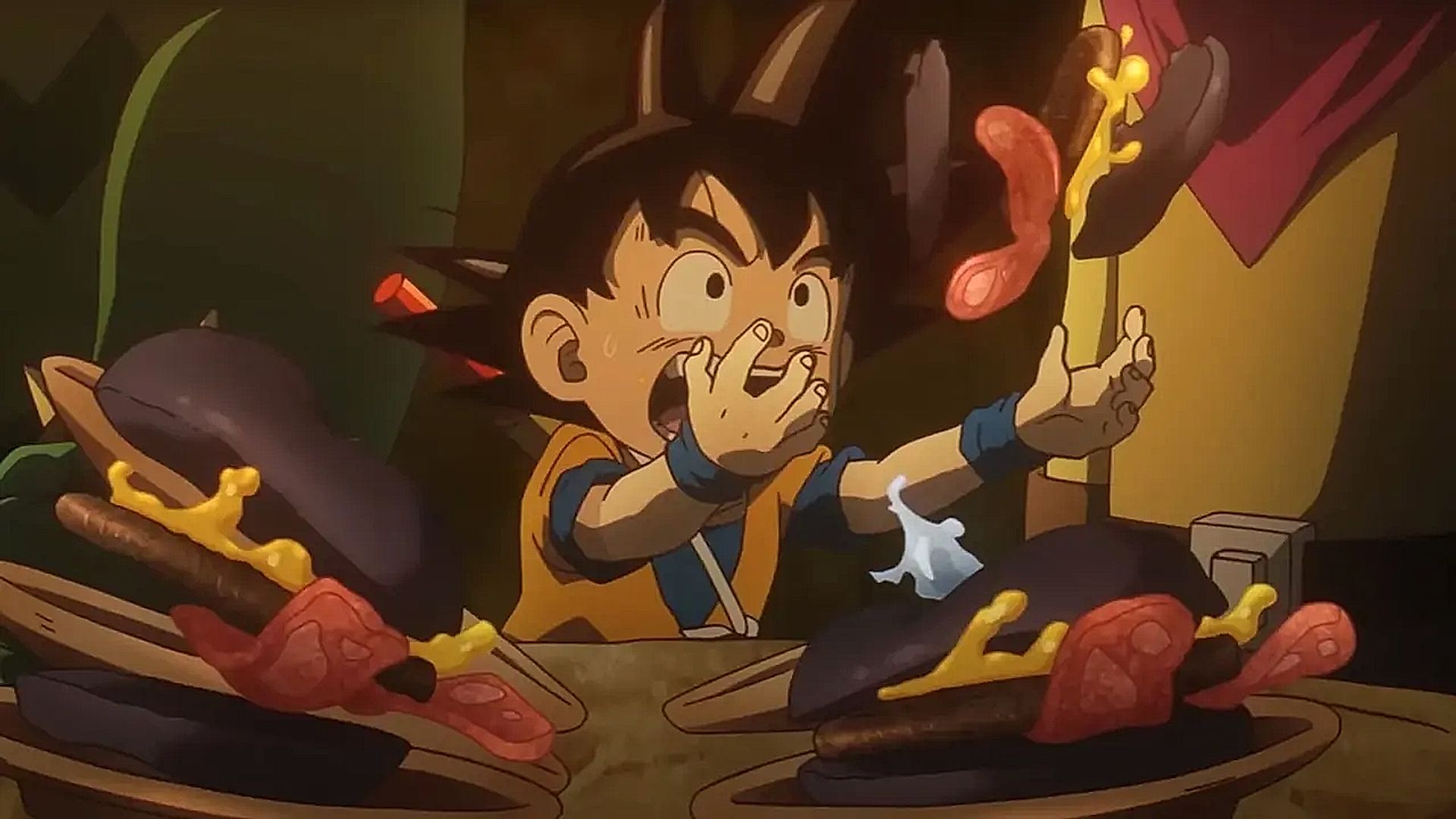 Una scena con Goku che mangia dalla serie Dragon Ball Daima.