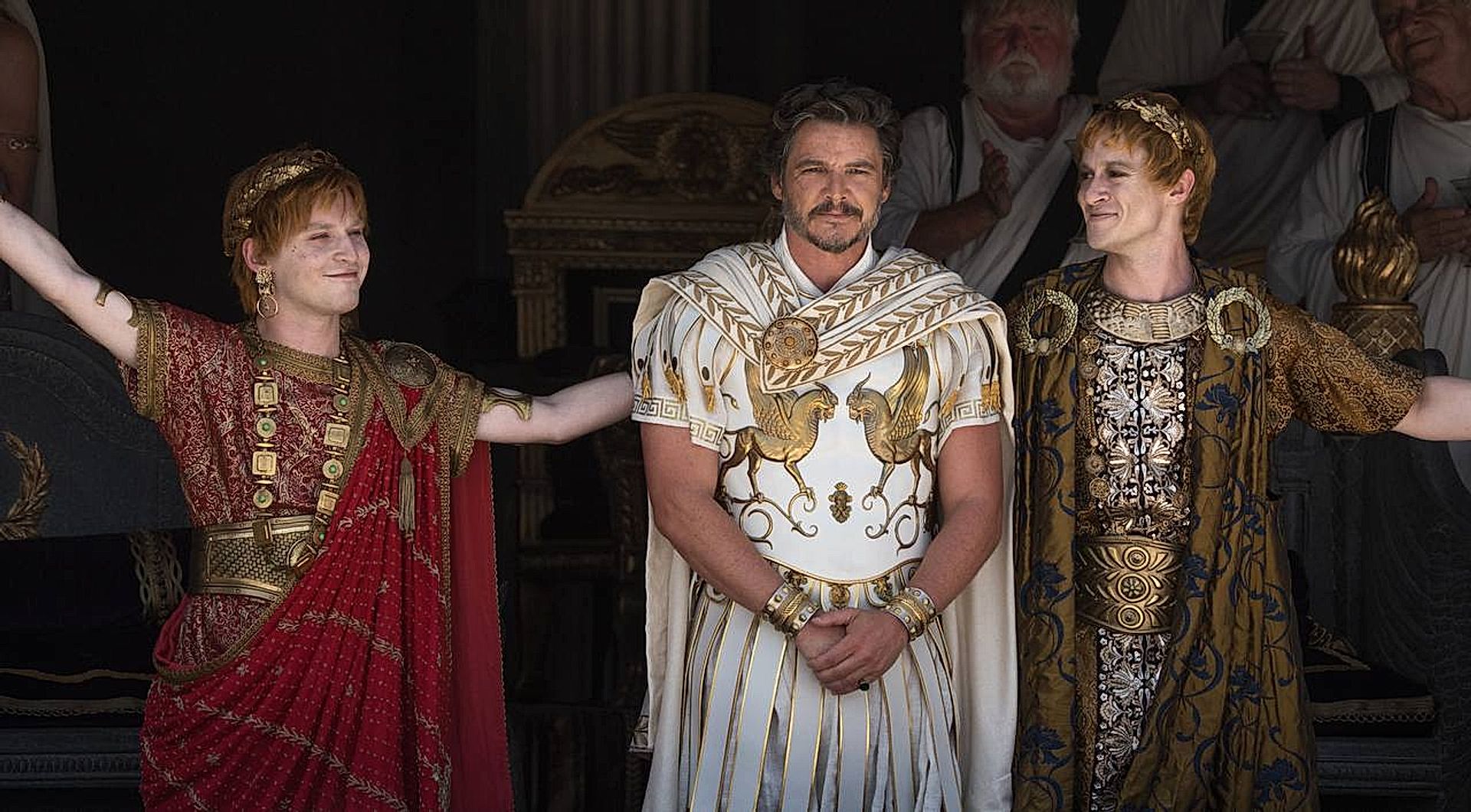 Caracalla (Fred Hechinger), Acacio (Pedro Pascal) e Geta (Joseph Quinn) in Il Gladiatore 2 10088119