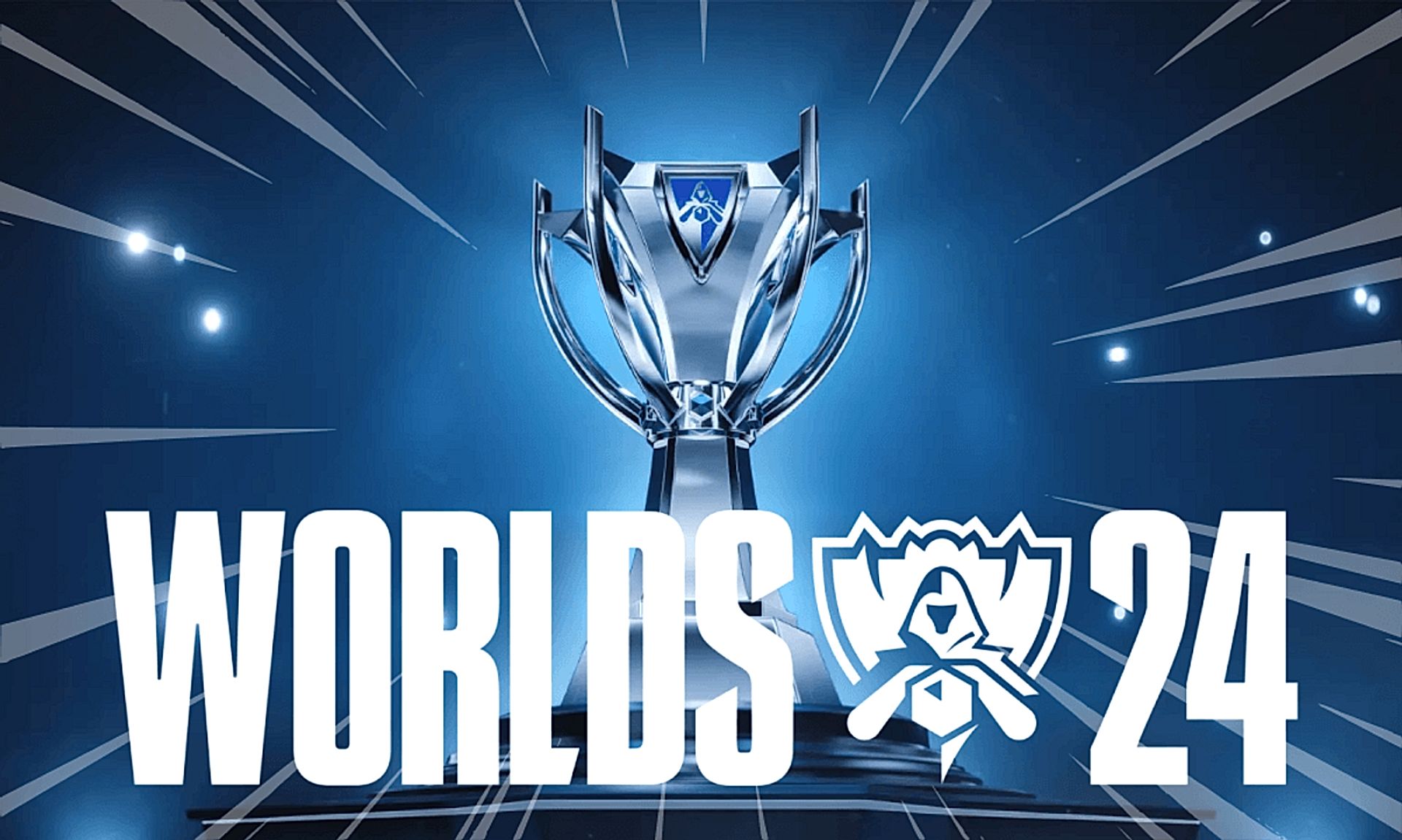 Trofeo dei Worlds 2024 di League of Legends su sfondo blu brillante.