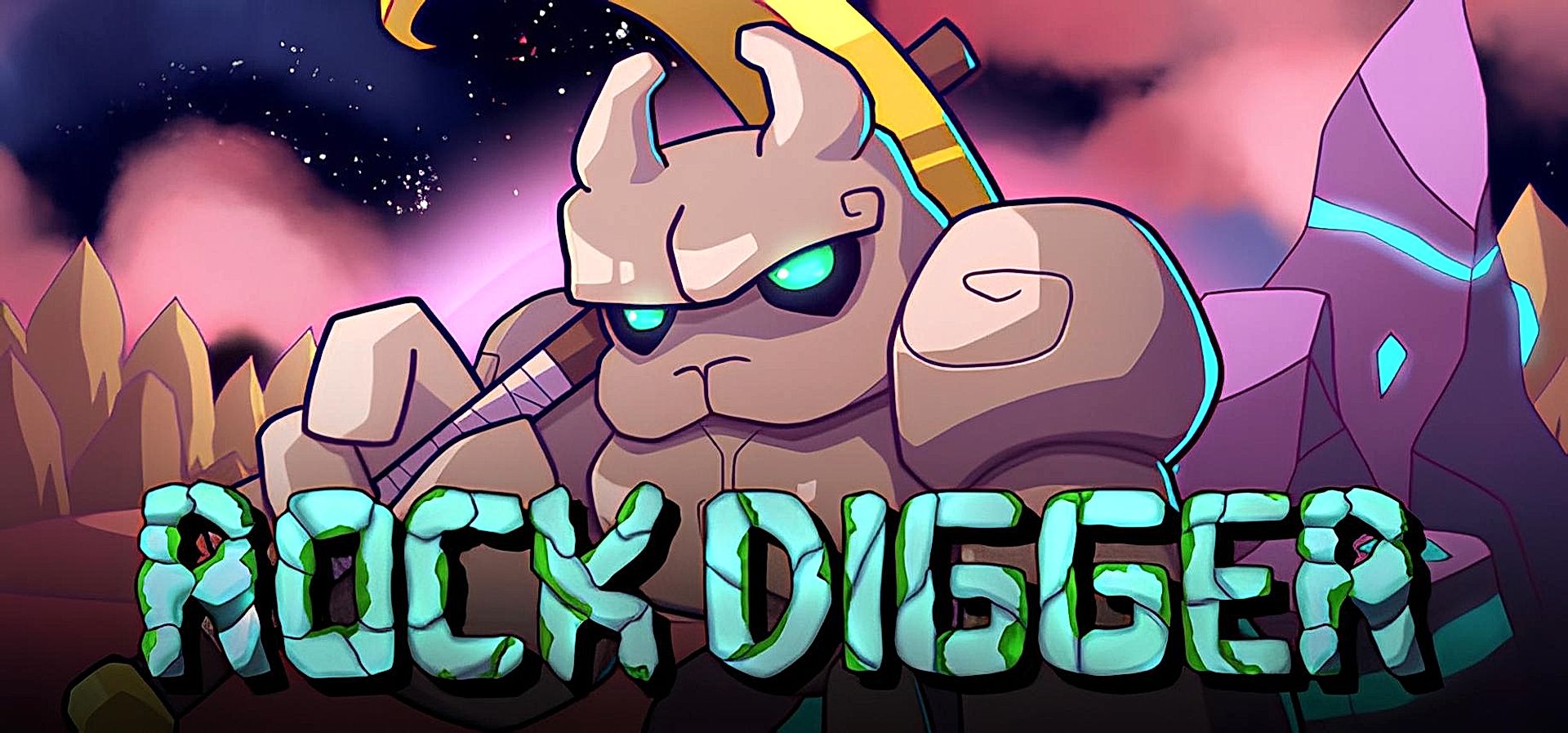 Illustrazione del videogioco Rock Digger con protagonista un personaggio di pietra armato di piccone su sfondo colorato.