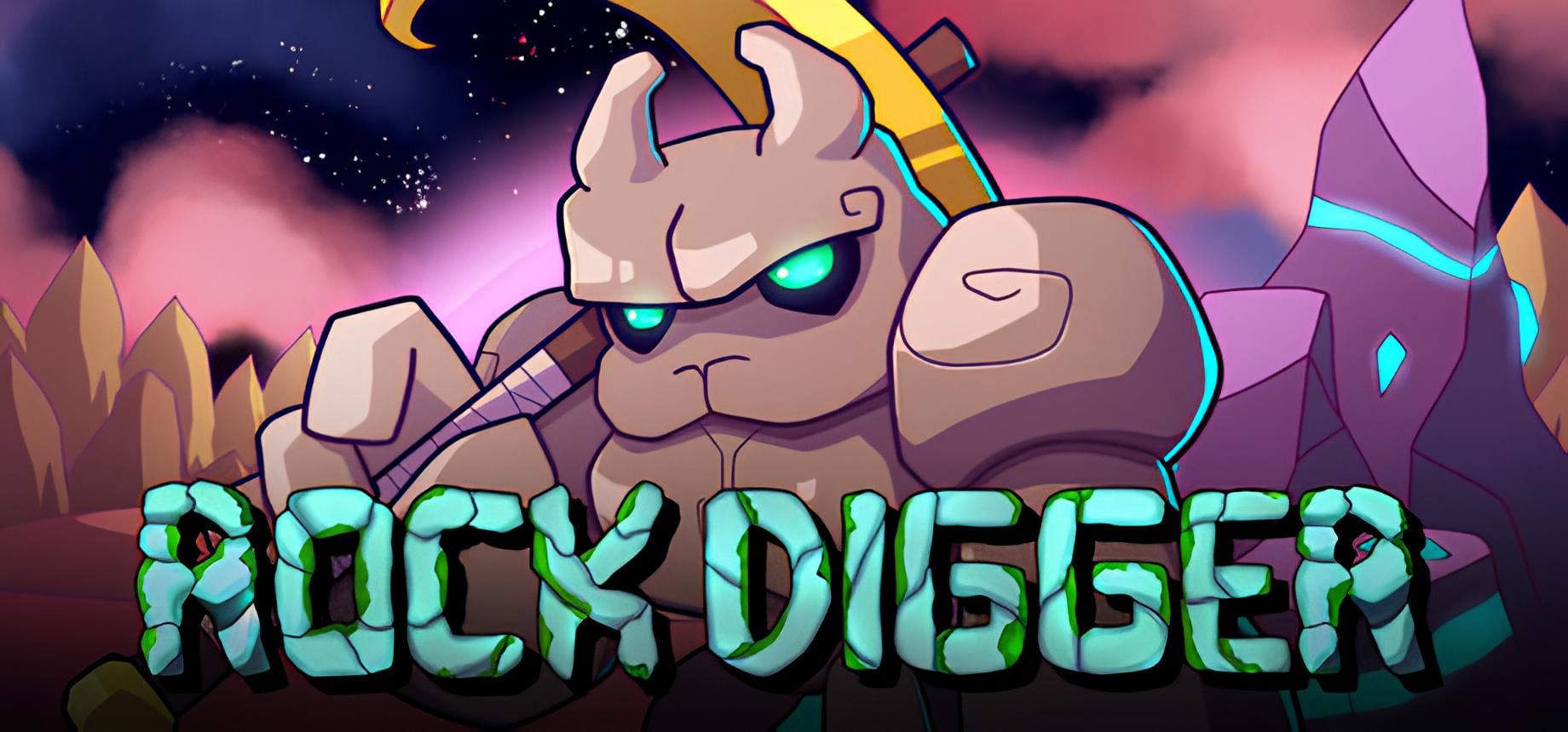 Illustrazione del videogioco Rock Digger con protagonista un personaggio di pietra armato di piccone su sfondo colorato.