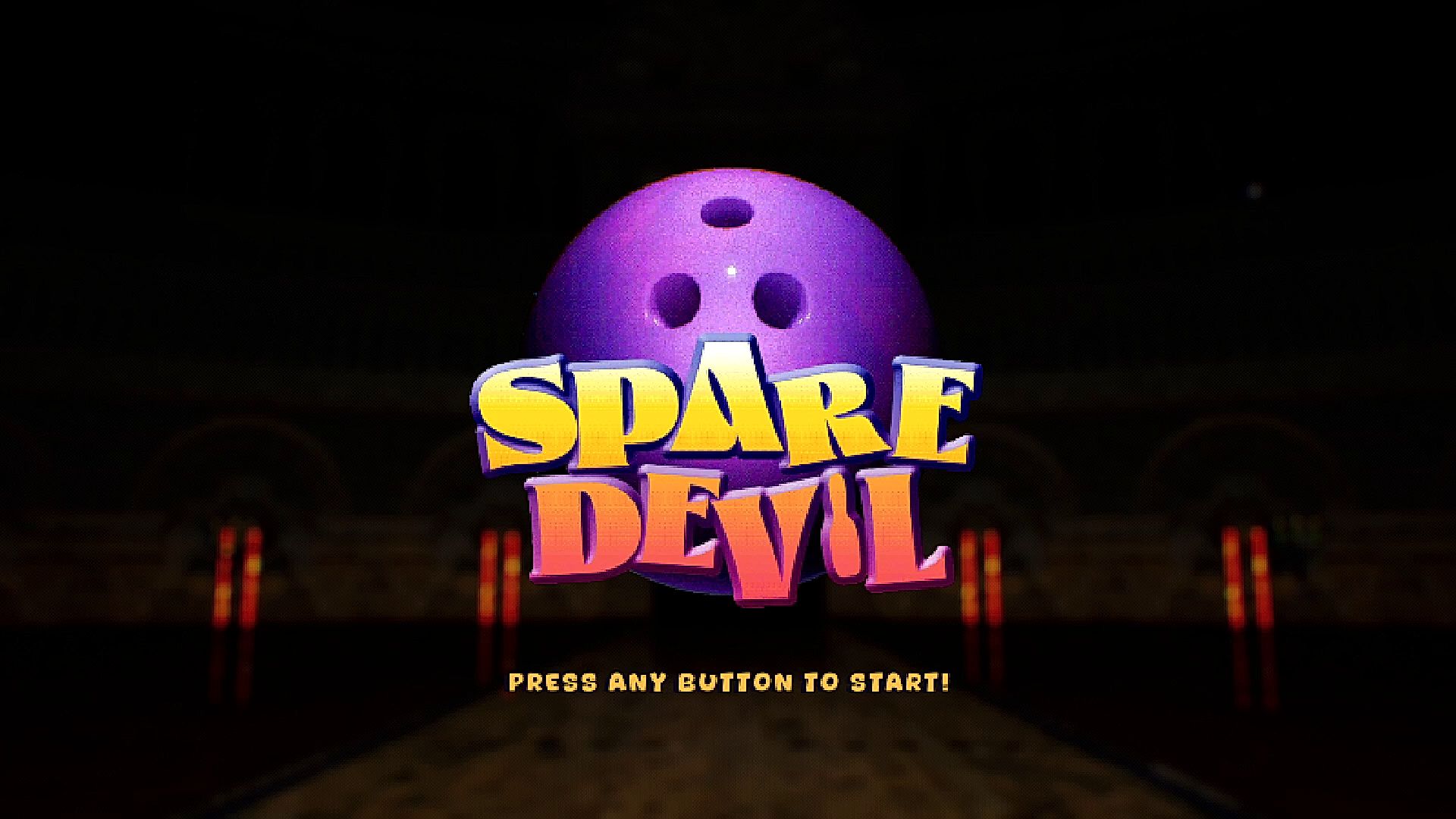 Logo del videogioco Spare Devil con sfondo di una pista da bowling.