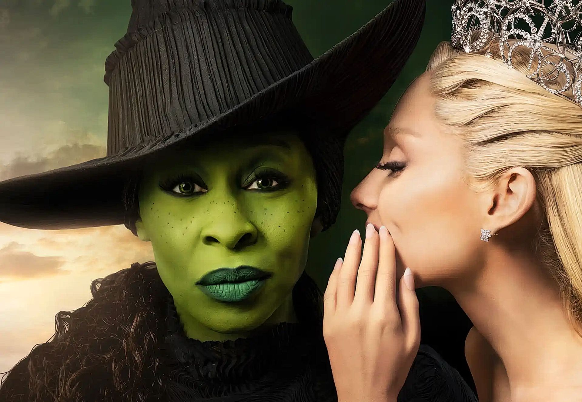 Immagine di due personaggi di Wicked: la Strega e Glinda, in un'ambientazione magica.