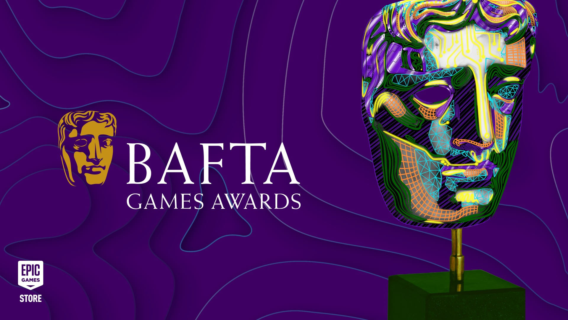 Logo dei BAFTA Games Awards su sfondo viola con maschera stilizzata e logo Epic Games Store.