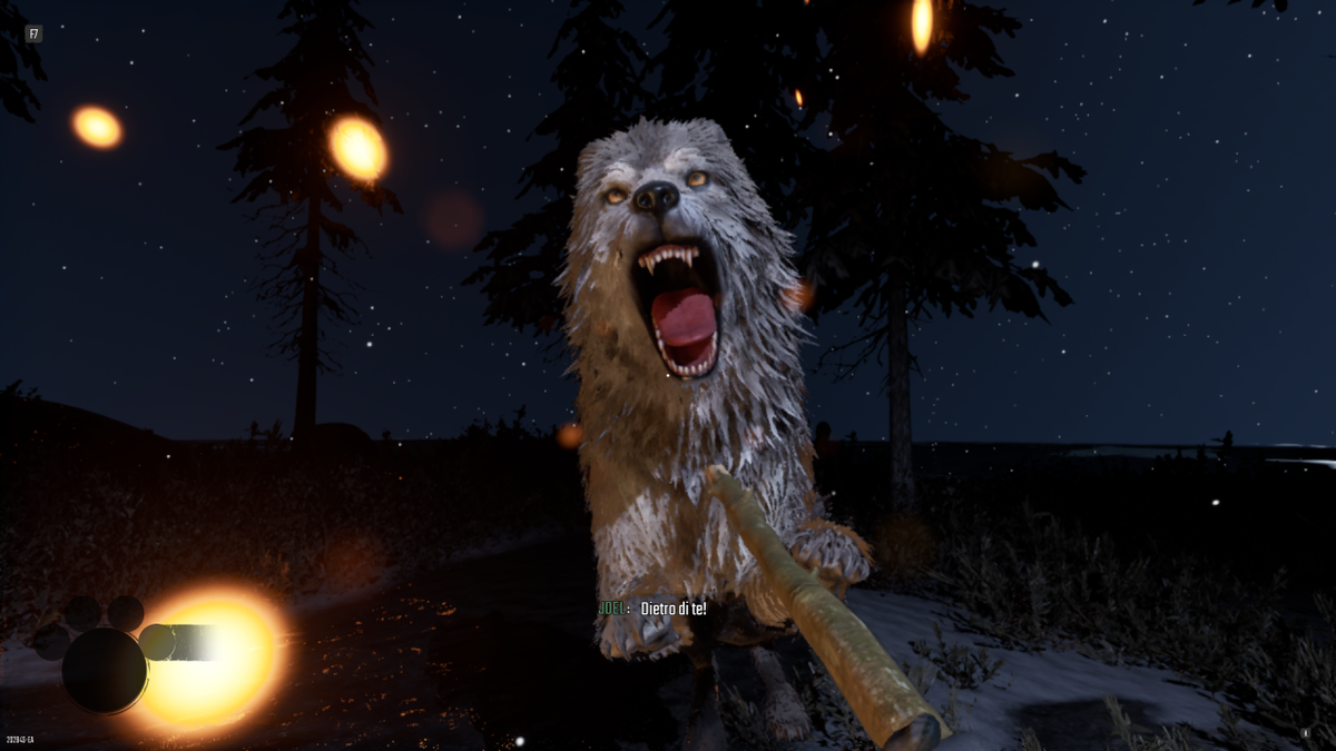 Attacco da parte di un lupo durante il primo flashback all'inizio della storia di Winter Survival