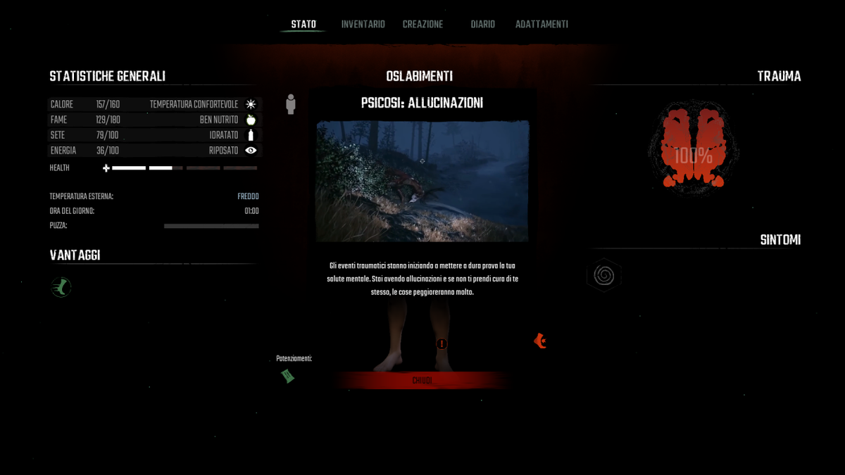 Una pagina del menù di Winter Survival in cui viene menzionato uno dei debuff possibili