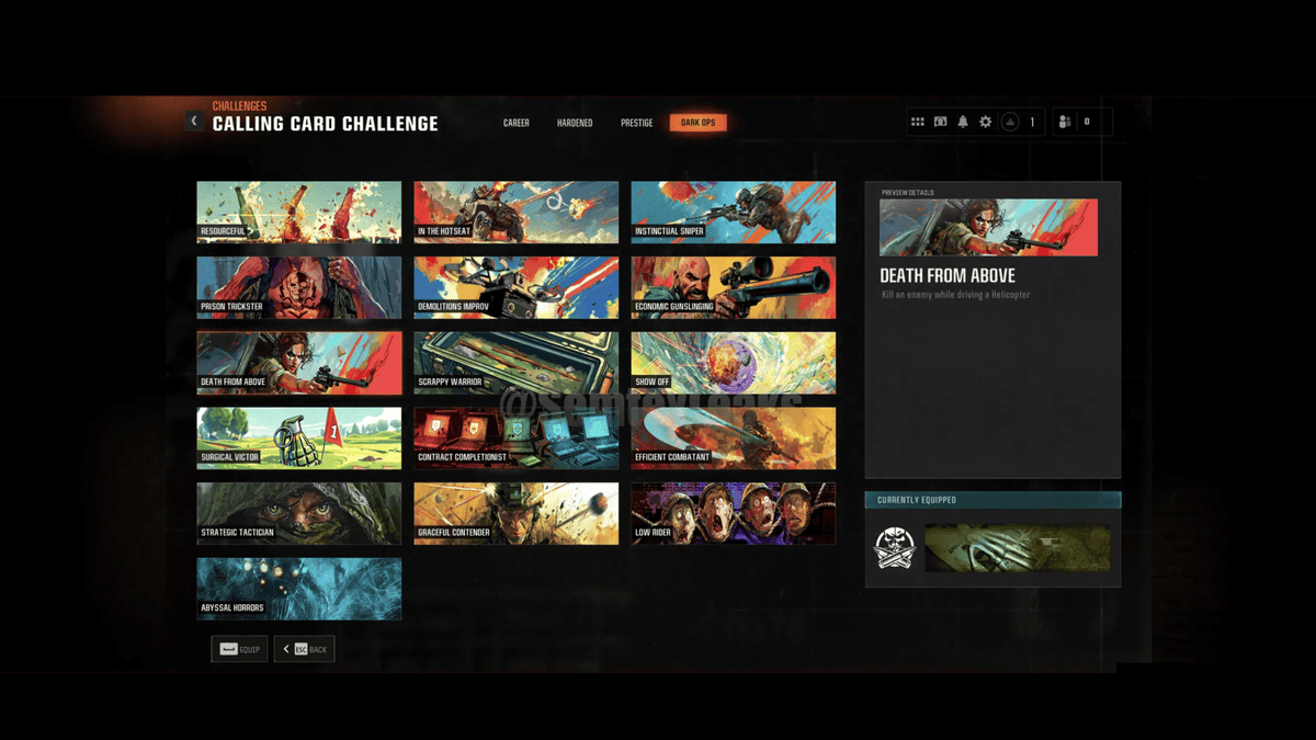 Schermata di sfide di Call of Duty con varie illustrazioni di carte da completare.
