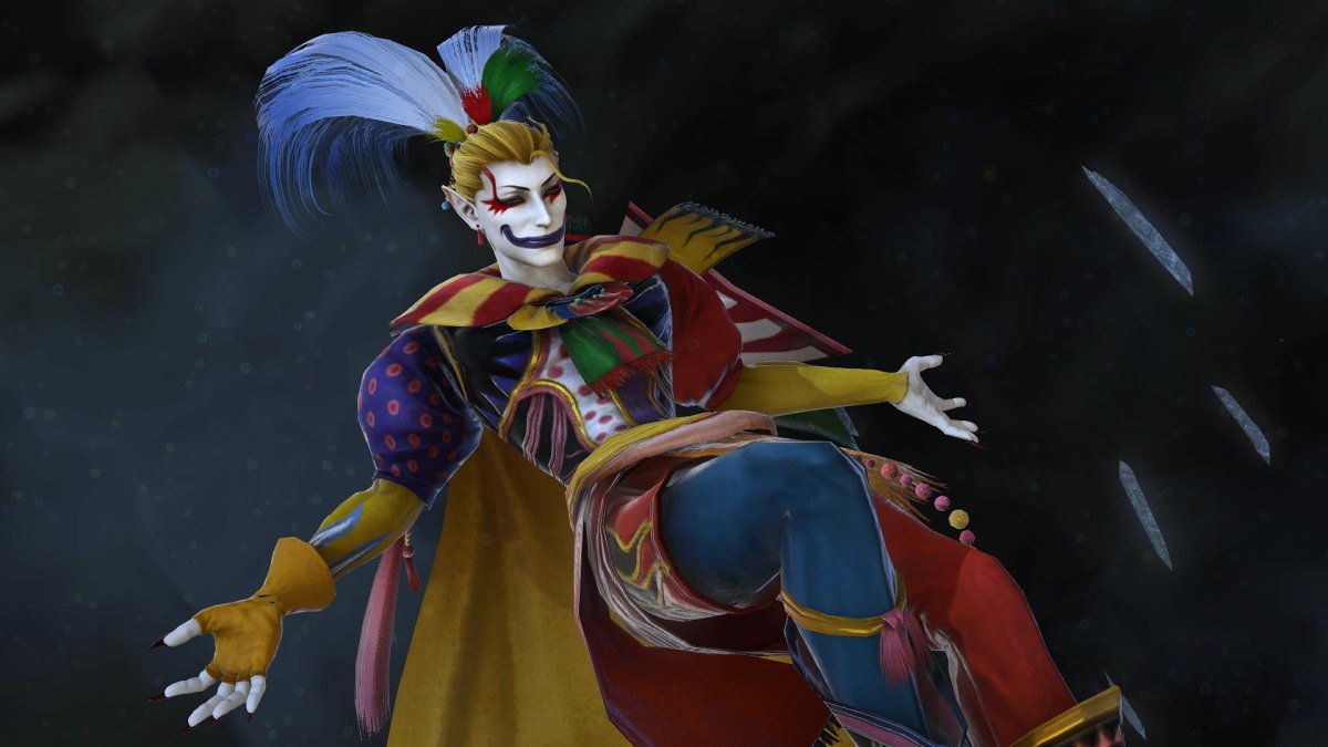 Un personaggio clownesco in abiti colorati, probabilmente da un videogioco fantasy.
