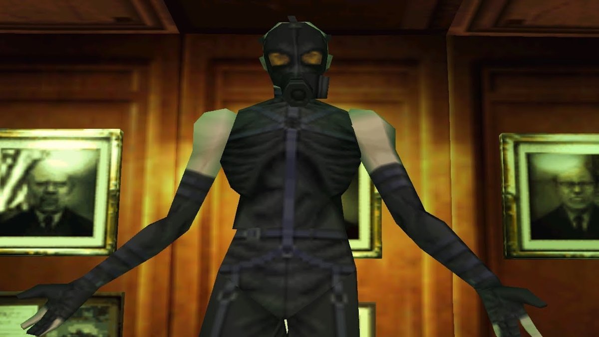Personaggio di un videogioco con maschera antigas in una stanza vintage.