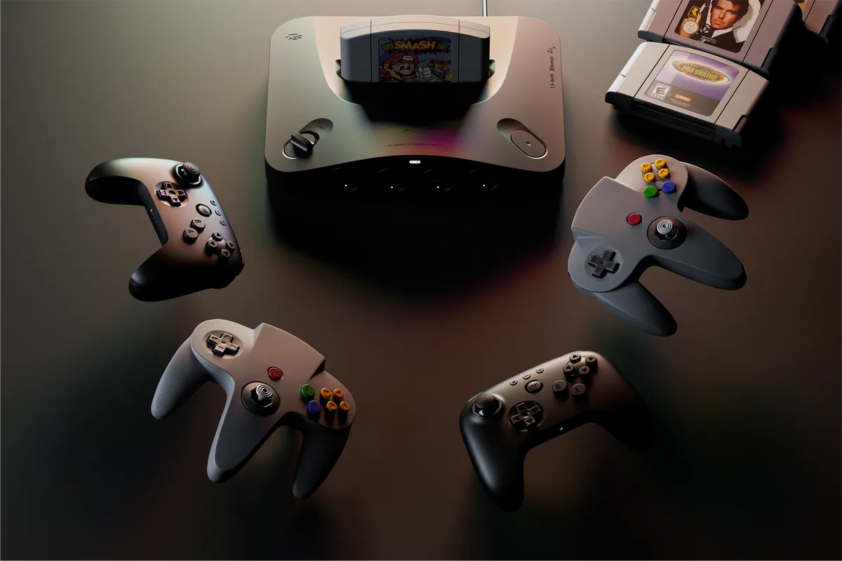 Console di gioco Nintendo 64 e controller con cartuccia Super Smash Bros in evidenza.