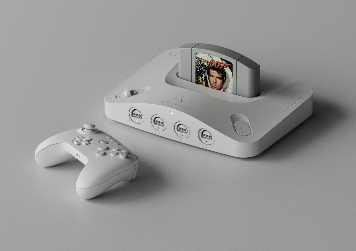 Concept di una console retrò con cartuccia di gioco Bond, controller wireless bianco.