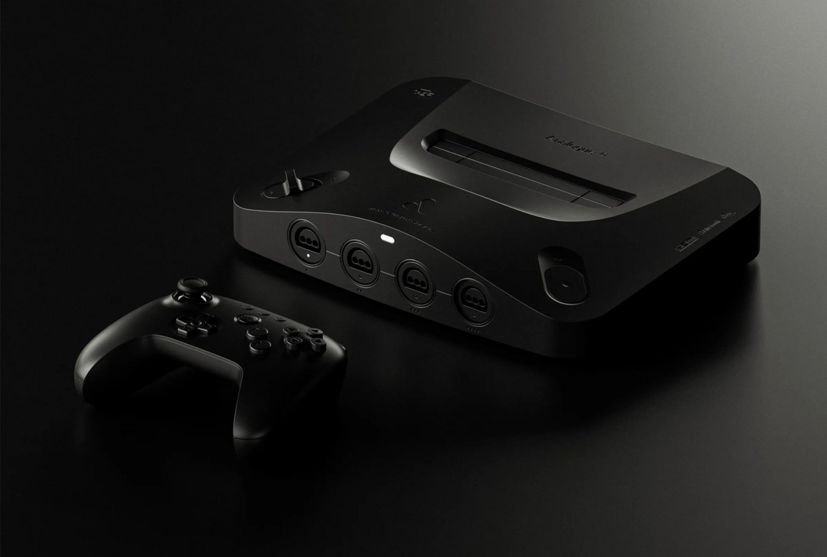 Console retrogaming in edizione limitata nera con controller abbinato su sfondo scuro.