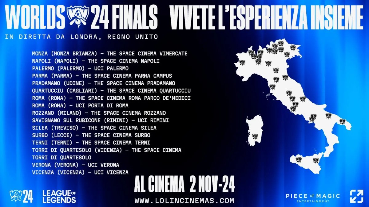 Locandina per la finale di League of Legends ai cinema in Italia il 2 novembre 2024.