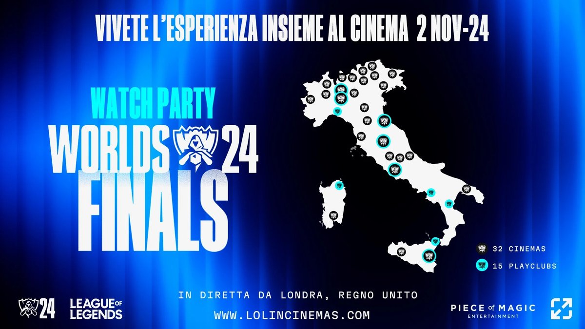 Mappa dell'Italia con cinema partecipanti al Watch Party della finale Worlds 2024 di League of Legends.