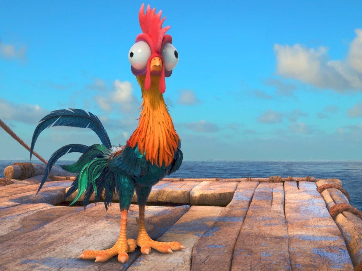 Il buffo gallo Hehei in una scena del film Disney, Oceania.
