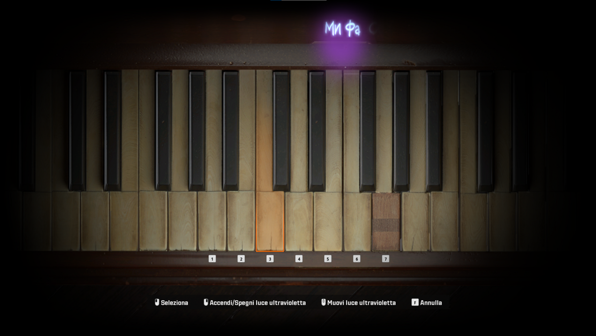Pianoforte fulcro dell'enigma, con evidenziato dove si troveranno i simboli