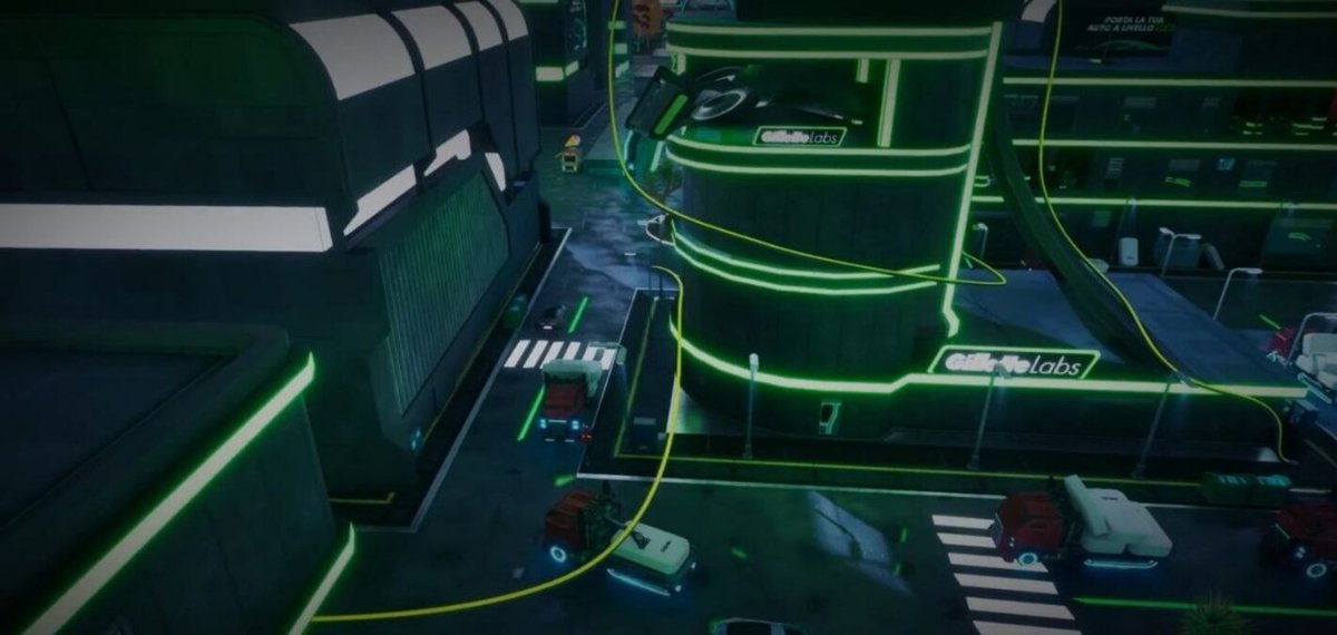 Scena futuristica con edifici dal design neon verde, ambientazione di un videogioco cyberpunk.