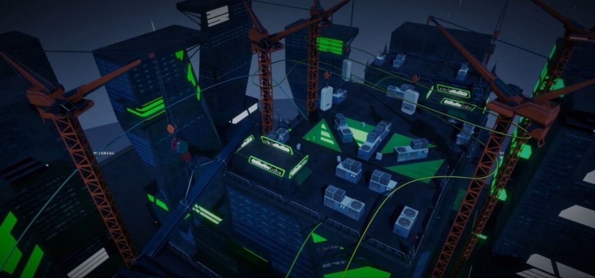 Immagine di un ambiente urbano futuristico con grattacieli illuminati e gru, tipico di un videogioco di realtà virtuale.