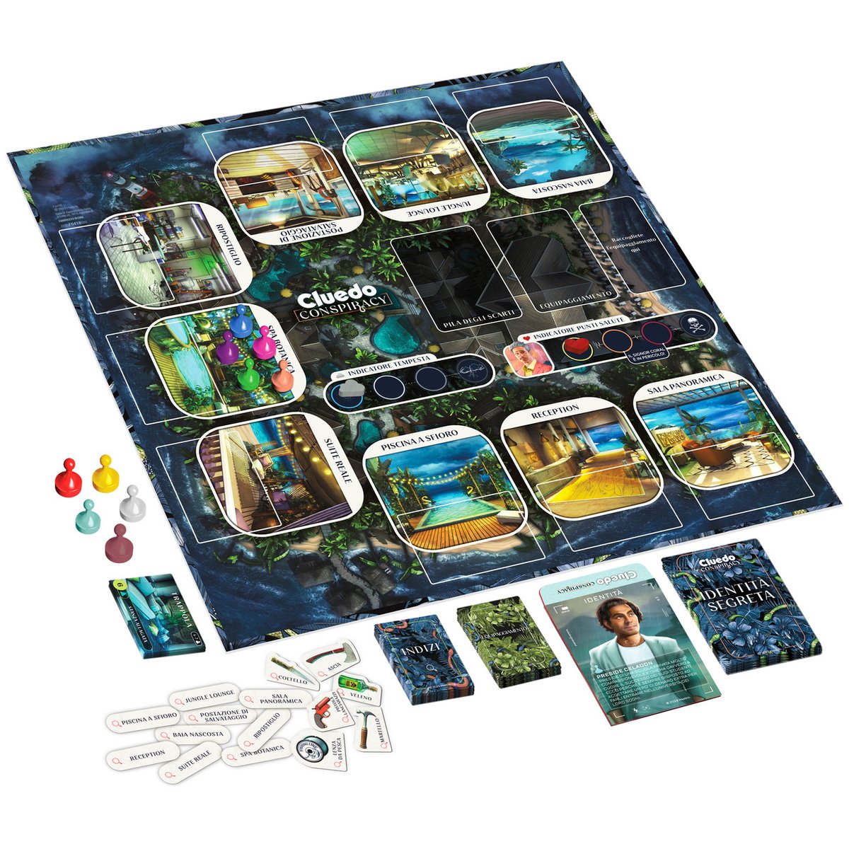 Gioco da tavolo di Habsro Cluedo Conspiracy ambientato in una lussuosa villa esotica.