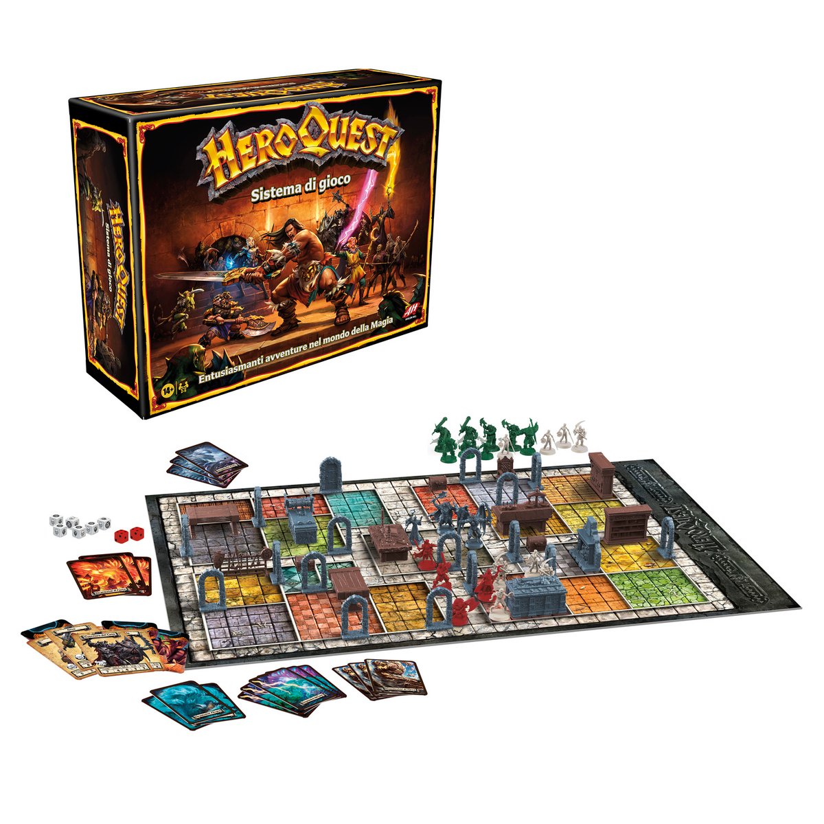 Gioco da tavolo Hasbro HeroQuest, ambientazione fantasy con miniature e plancia dettagliata.