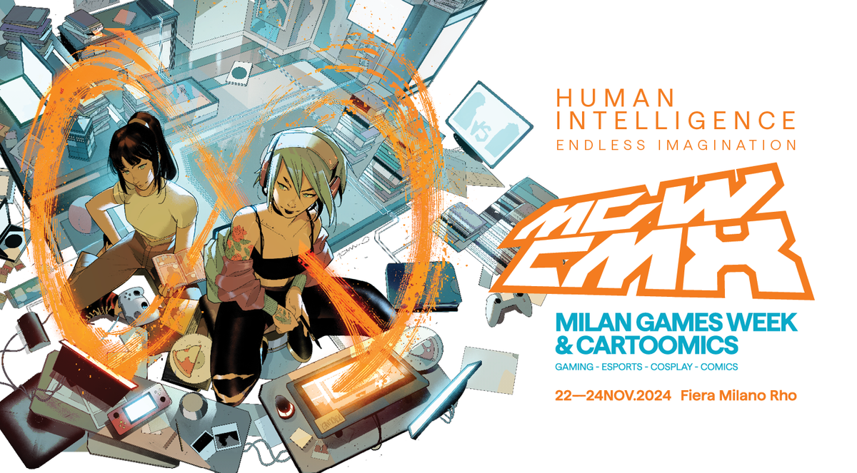 Locandina della Milan Games Week & Cartoomics 2024, con artisti immersi nel gaming e nel cosplay.