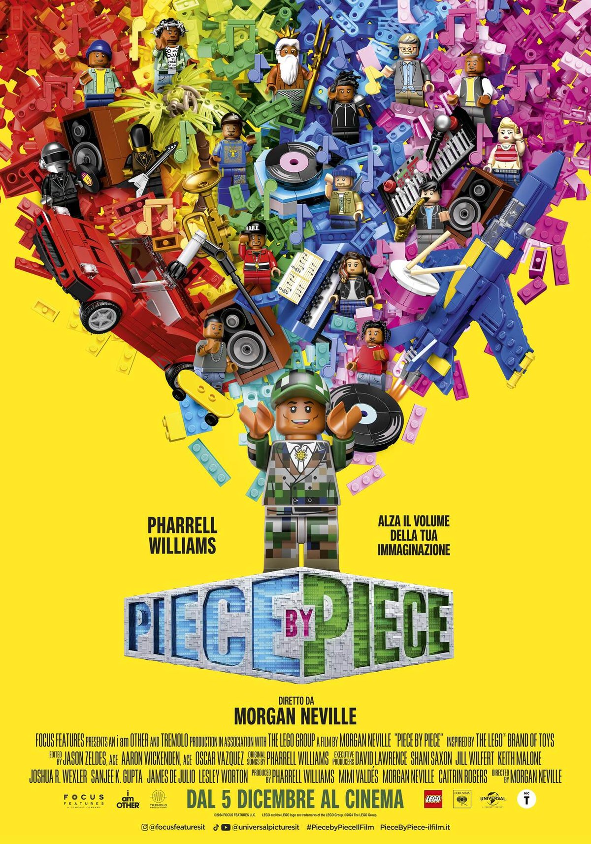 Poster colorato di Piece by Piece con minifigure LEGO e icone musicali.