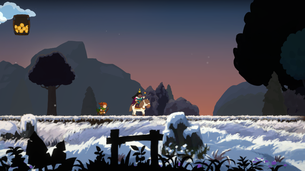 Personaggio fantasy su cavallo attraversa paesaggio innevato al tramonto in stile videogioco.