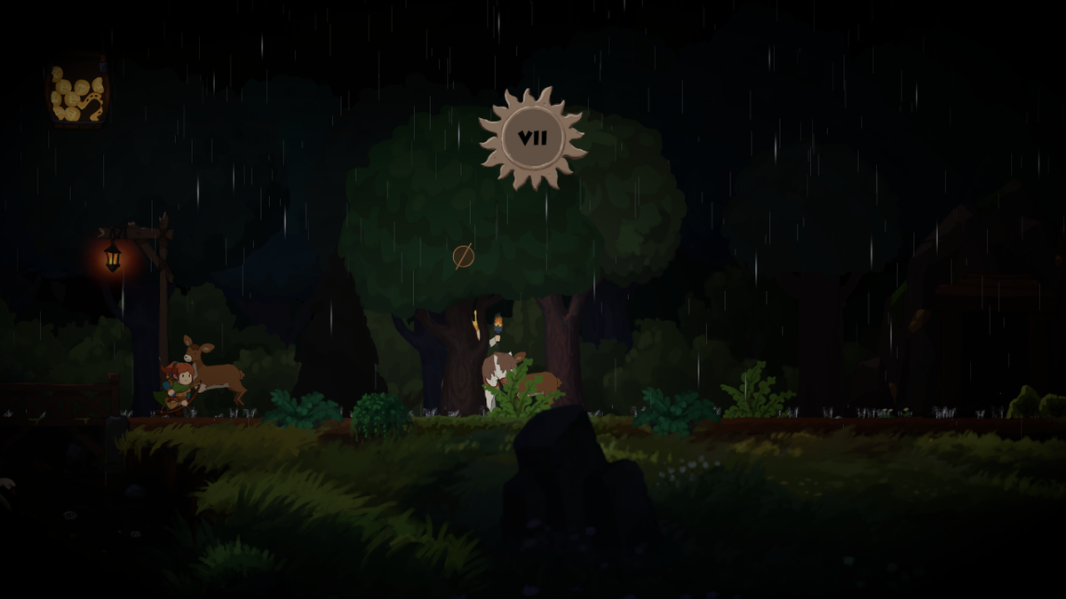 Scena notturna di un videogioco indie con personaggi animati in un bosco sotto la pioggia.