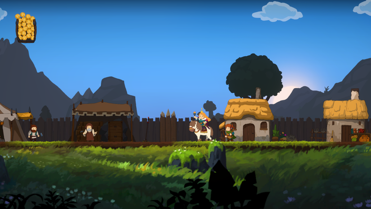 Un cavaliere su cavallo attraversa un villaggio medievale in un videogioco 2D.