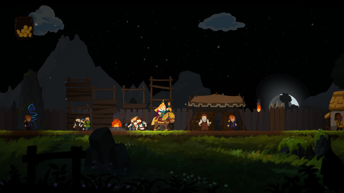 Scene di gioco di un villaggio medievale di notte con personaggi su un cavallo.