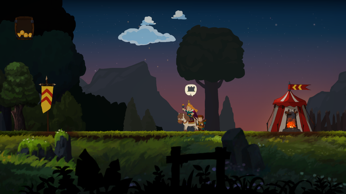 Personaggi in stile pixel art si avventurano a cavallo in un paesaggio notturno.