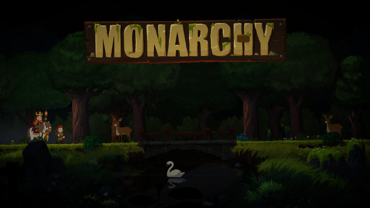 Monarchy, Recensione: un regno dal destino volubile Illustrazione di un videogioco con un re su un cavallo e una guardia, accompagnati da un cervo in un bosco.