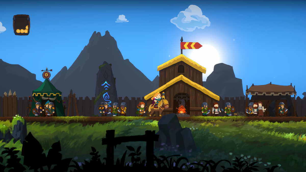 Illustrazione di un villaggio medievale in un videogioco: personaggi armati, tenda verde e montagne.