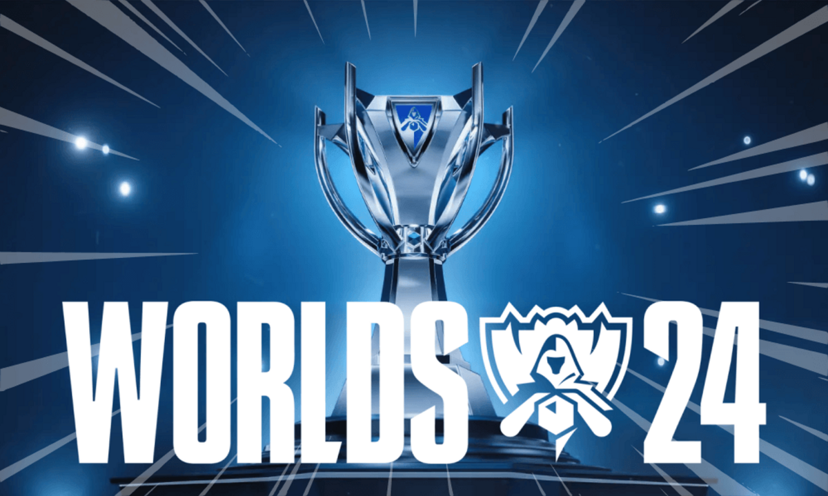 Trofeo dei Worlds 2024 di League of Legends su sfondo blu brillante.