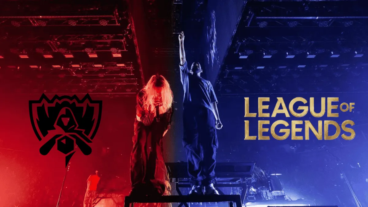 Immagine promozionale dei Mondiali di League of Legends con artisti sullo stage.