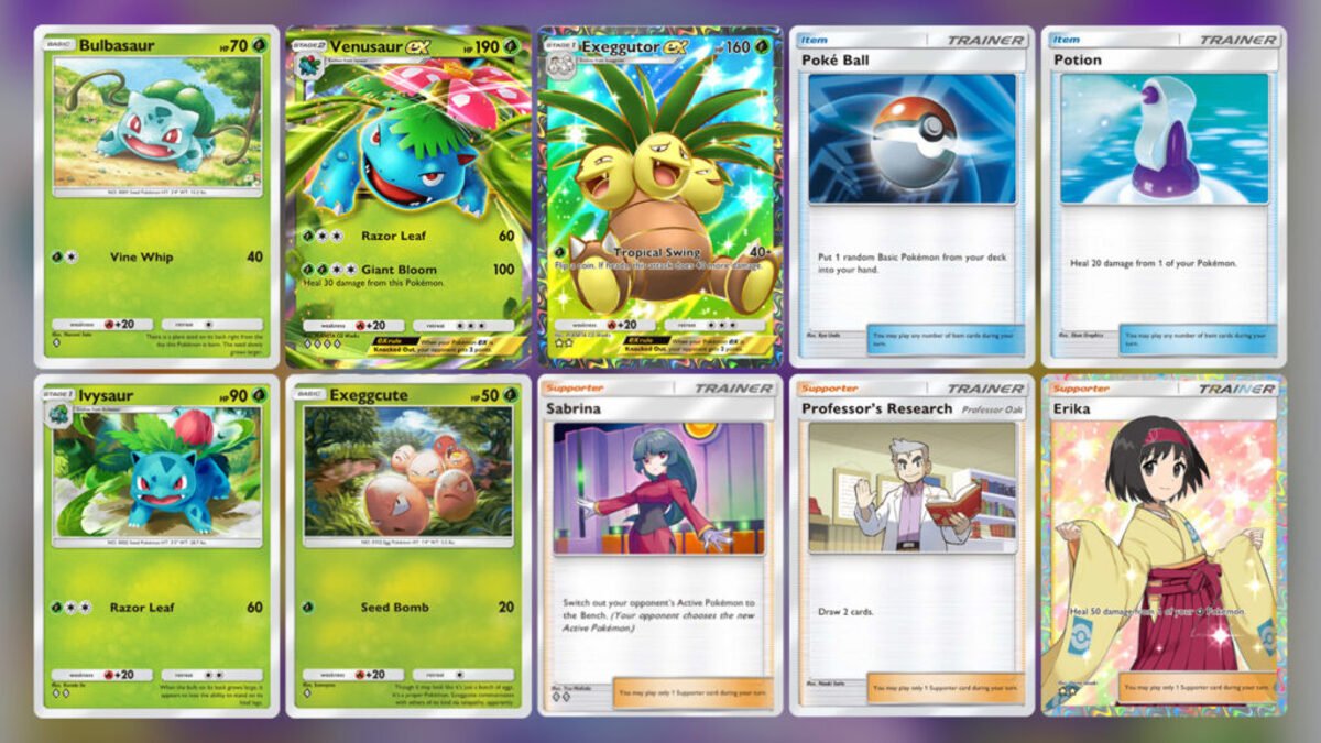Pokémon TCG Pocket con Bulbasaur, Venusaur-EX e allenatori come Professor Oak.