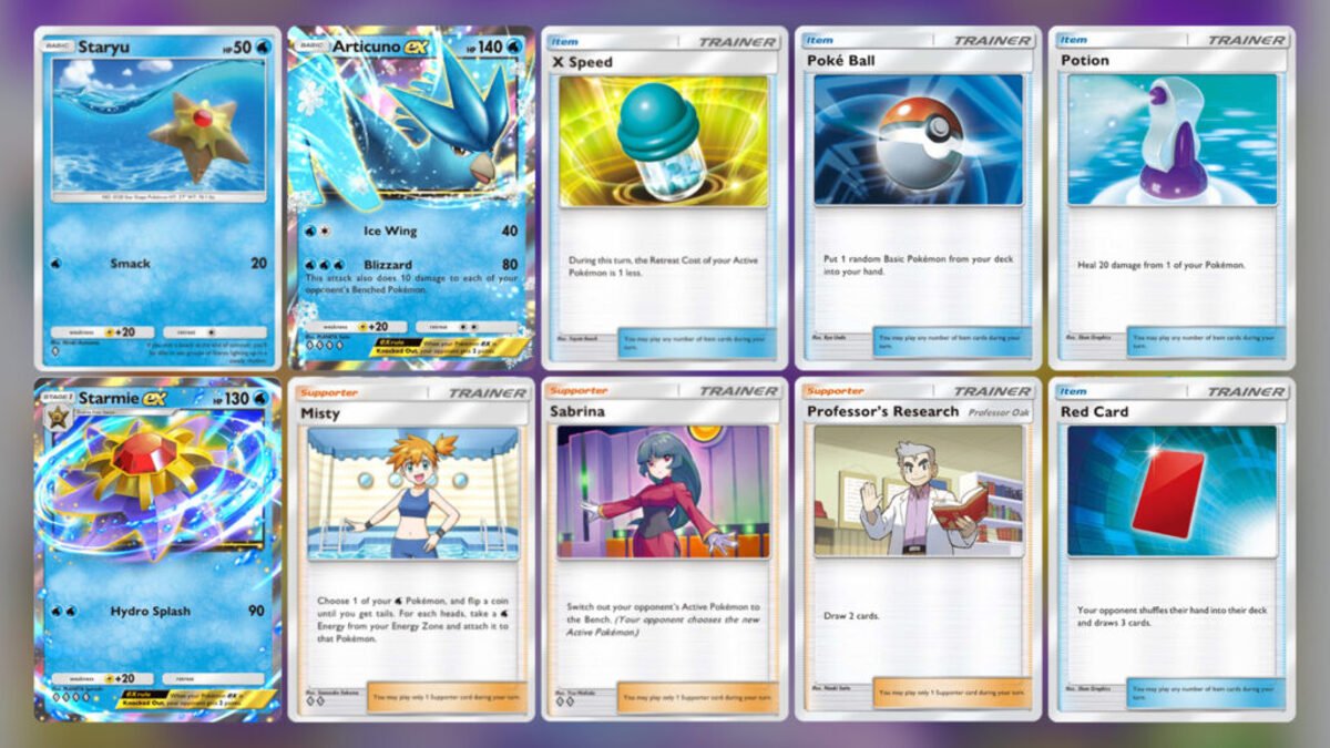 Pokémon TCG Pocket, Articuno EX e trainers come Misty e Professor Oak.