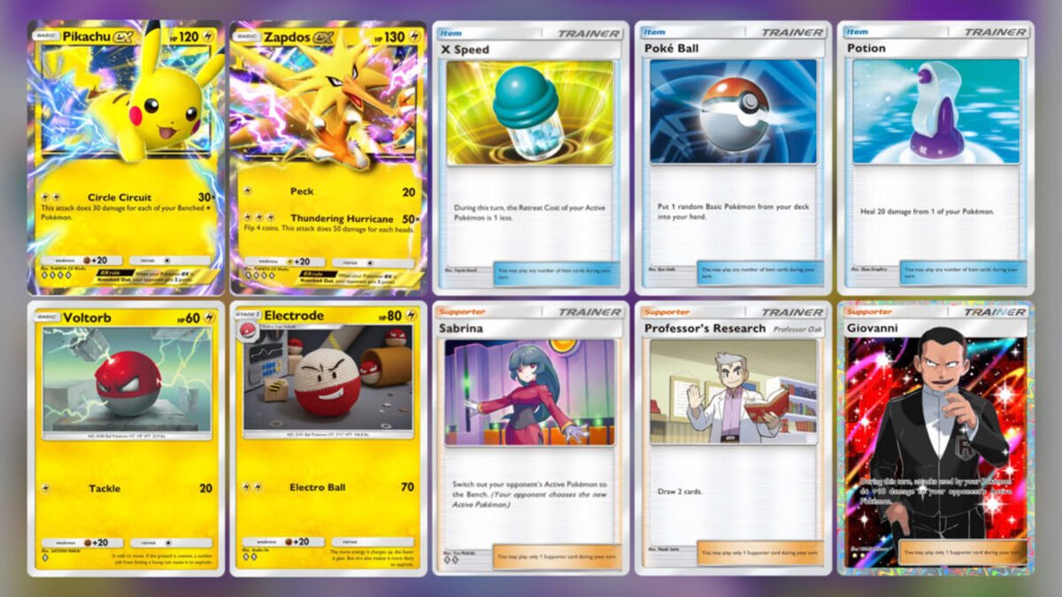 Carte Pokémon collezionabili con Pikachu e Zapdos, oggetti e allenatori iconici. Pokémon TCG Pocket