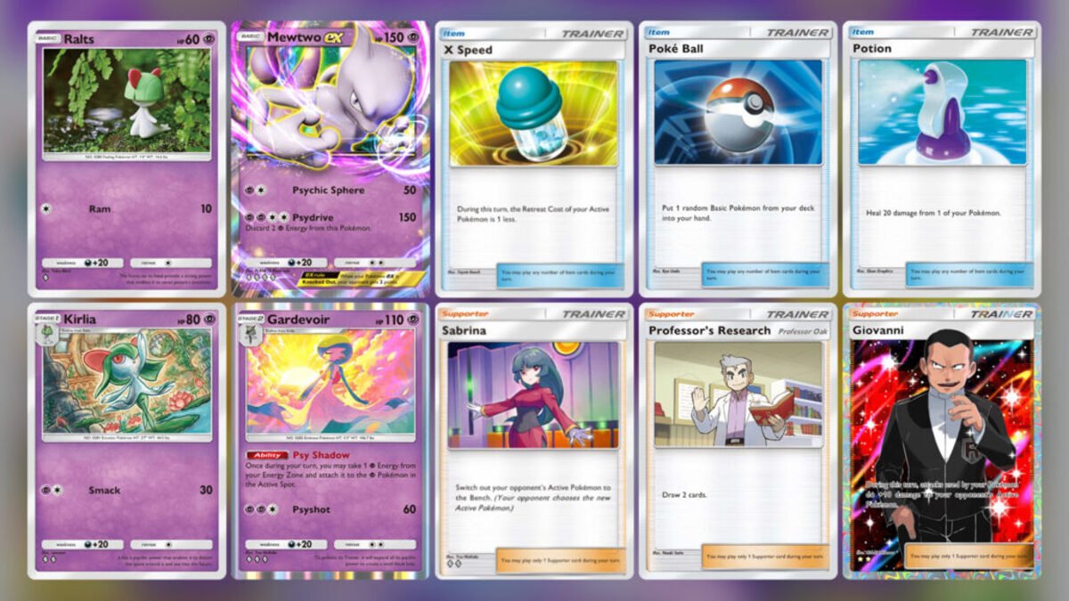 Pokémon TCG Pocket con Ralts, Mewtwo e trainer come Sabrina e Giovanni.