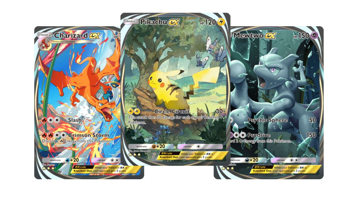 Carte Pokémon con Charizard, Pikachu e Mewtwo EX, collezione di gioco strategico. Pokémon TCG Pocket