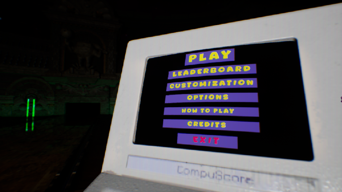 Vecchio monitor con menu di gioco vintage, opzioni di personalizzazione visibili.