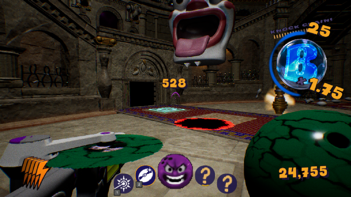 Gioco arcade in realtà virtuale con elementi surreali e interfaccia colorata.